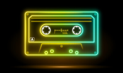 Neon retro audio cassette color, musiccasette, cassette tape, vector art image illustration, mix tape retro cassette design, Music vintage and audio theme Vector illustration, vibrant glow neon casset