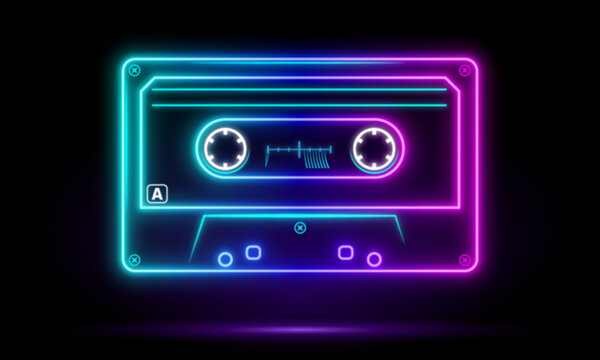 Neon retro audio cassette color, musiccasette, cassette tape, vector art image illustration, mix tape retro cassette design, Music vintage and audio theme Vector illustration, vibrant glow neon casset