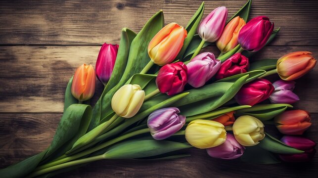 Bouquet of mixed colour tulips flowers on vintage wooden background. Created with Generative AI technology.