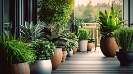 Lots of beautiful green lush indoor plants on the terrace. Decoration and landscaping of the terrace