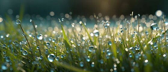 Many dew drops glow and sparkle in sun in morning fresh wet grass in nature. Beautiful bokeh circles