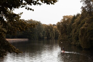Adult man standing with paddle on paddleboarding in a lake in Hamburg, Germany