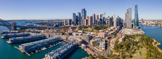 Acrylic prints Sydney Harbour Bridge Panoramic aerial drone view of Sydney City and Barangaroo Reserve in Sydney, NSW Australia on a sunny day    