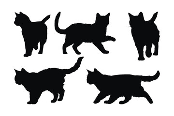 Cute furry feline on a white background silhouette set vector. Domestic home cat walking in different positions silhouette bundle. Anonymous black cat silhouette. Cute dark cat walking vector design.