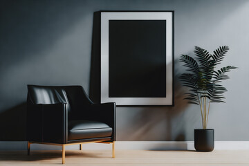 Dark interior with black armchair, plant, wooden floor and empty poster in frame with copy space on grey wall. Generative AI.