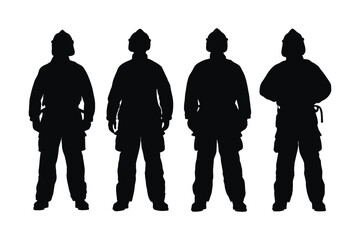 Male firefighters standing in different position silhouette set vector. Modern fireman with anonymous faces silhouette. Emergency firefighters wearing uniforms. Fireman silhouette on white background.