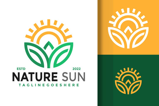 Nature sun logo vector design with an editable title, tagline and text in three different options