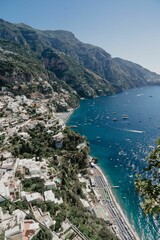Aerial view of Positano against the blue sea of Amalfi coast, Campania in Italy on a sunny day