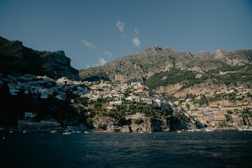 Scenic view of houses in Positano of Amalfi coast, Campania in Italy on a sunny day