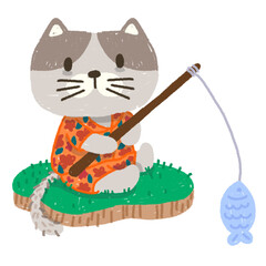 painting cartoon cute little cat fishing