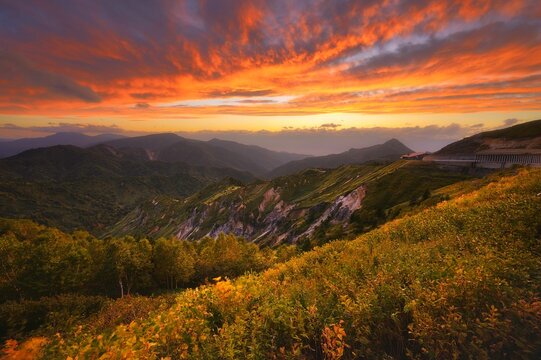 Scenic shot of Shigakogen mountain with dramatic sky at sunset in Nagano, Japan
