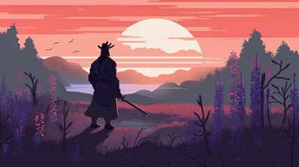 Obraz premium Samurai anime in a misty field of lupines