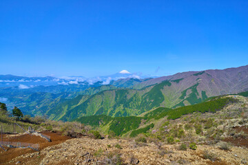 新緑の神奈川県秦野市丹沢の三ノ塔山頂の休憩場所から西側の富士山方面