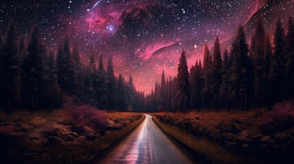 moon, starry sky and road, in the style of forestpunk Generative Ai