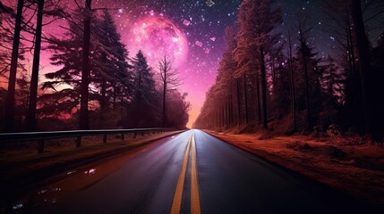 moon, starry sky and road, in the style of forestpunk Generative Ai