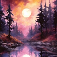watercolor painting near the moon over the forest and trees Generative Ai