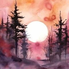 watercolor painting near the moon over the forest and trees Generative Ai