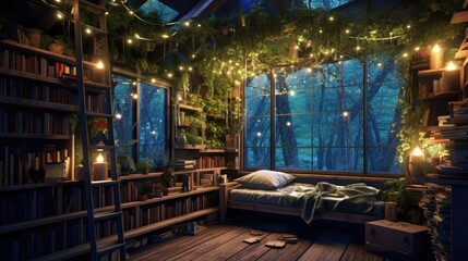in the woods with fairy lights and a window book Generative Ai