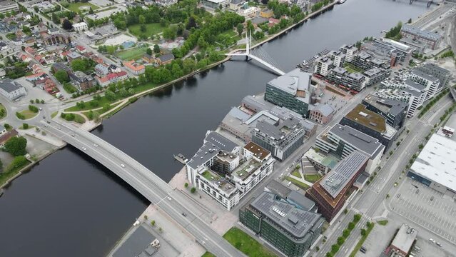 Drone view over Drammen city in Viken, Norway