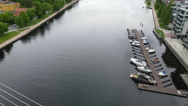 Drone view over a bridge over a river at Drammen in Viken, Norway