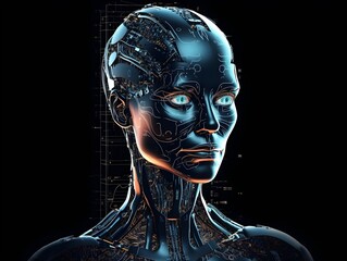 3D Render of AI: Front View Headshot, Neon Red Lights on Metallic Surface, Dark Backdrop, Generative AI, Generative, KI