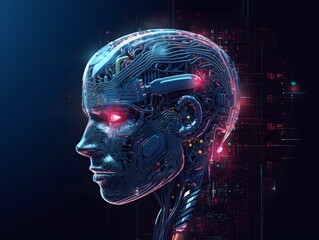 3D Illustration of AI, Front View Headshot, Neon Red Spots on Dark Background, Generative AI, Generative, KI