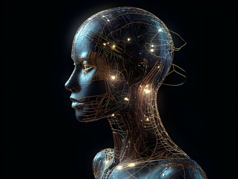 Artificial Intelligence Personified: 3D Profile, Metallic Finish with Neon Yellow Spots, Dark Surrounding, Generative AI, Generative, KI