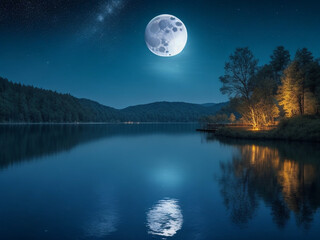 Fototapeta na wymiar Blue full moon in the middle of a calm and quiet lake. Generative AI