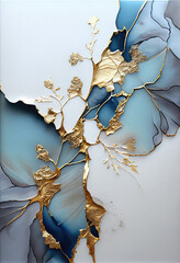 Pintura abstrata em tons de azul claro e cinza claro arte de tinta de &aacute;lcool ouro quebrado sobre seda. Gerado IA