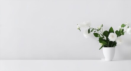 Flowers on a table against bright white wall in the room. Mockup, generative ai - obrazy, fototapety, plakaty