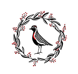 Vector card with hand drawn cute European golden plover in graceful floral wreath with red berries. Beautiful animal design elements, ink drawing, logo template