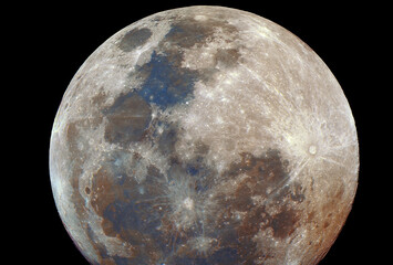Mineral Moon with its natural colors, from red to blue, iron and titanium. Taken with my telescope.
