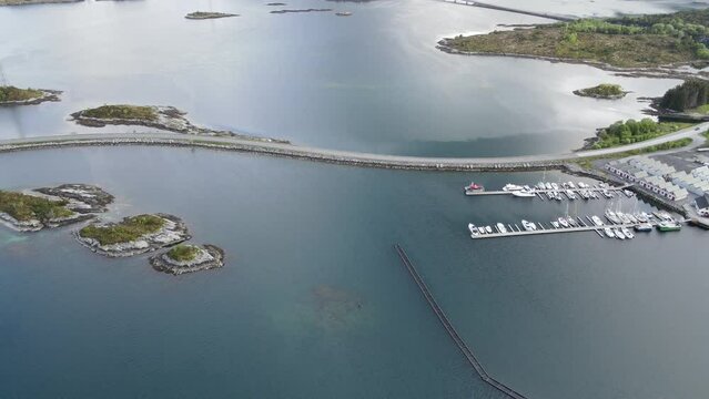 Aerial view of Heroy Bridge. Cantilever bridge connecting islands of Gurskoya and Leinoya. Norway.