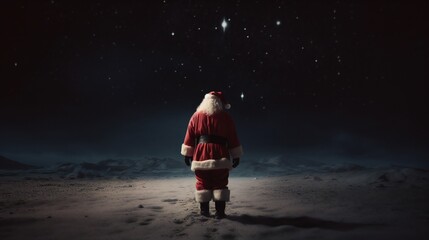 santa claus from the back standing alone and looking forward at night. banner. generative ai - obrazy, fototapety, plakaty