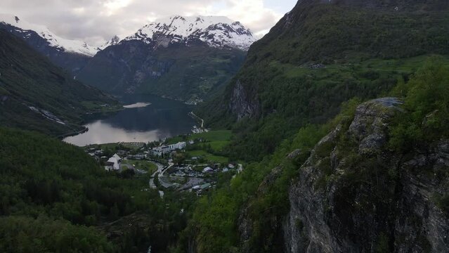 Drone view over the Geiranger fjord in More og Romsdal county in Norway