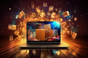 Fototapeta premium Objects on a laptop screen magically transforming into tangible items within the room. Generative AI