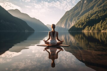 Woman in a yoga practice on water surface. Generative AI
