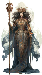 Illustrate the majestic figure in regal attire, standing tall with a scepter in hand