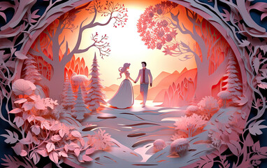 Paper craft and cut illustration of a fantasy land with a couple in love - Generative AI