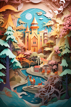 Paper craft and cut illustration of a fantasy castle in the woods - Generative AI