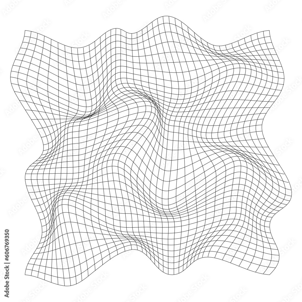 Poster distorted square grid. wireframe wave geometry grid. warped mesh texture. curved mesh elements. vect