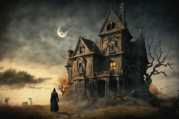 Creepy haunted house in the moonlight - Generative AI