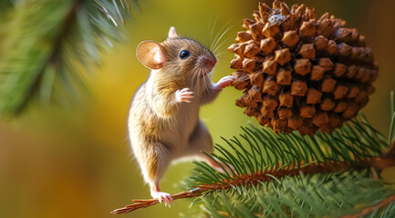 Cute Forest Mouse playing with pine cones of the Christmas tree. rat with a green grass near of Pine cone with blurry background and bokeh