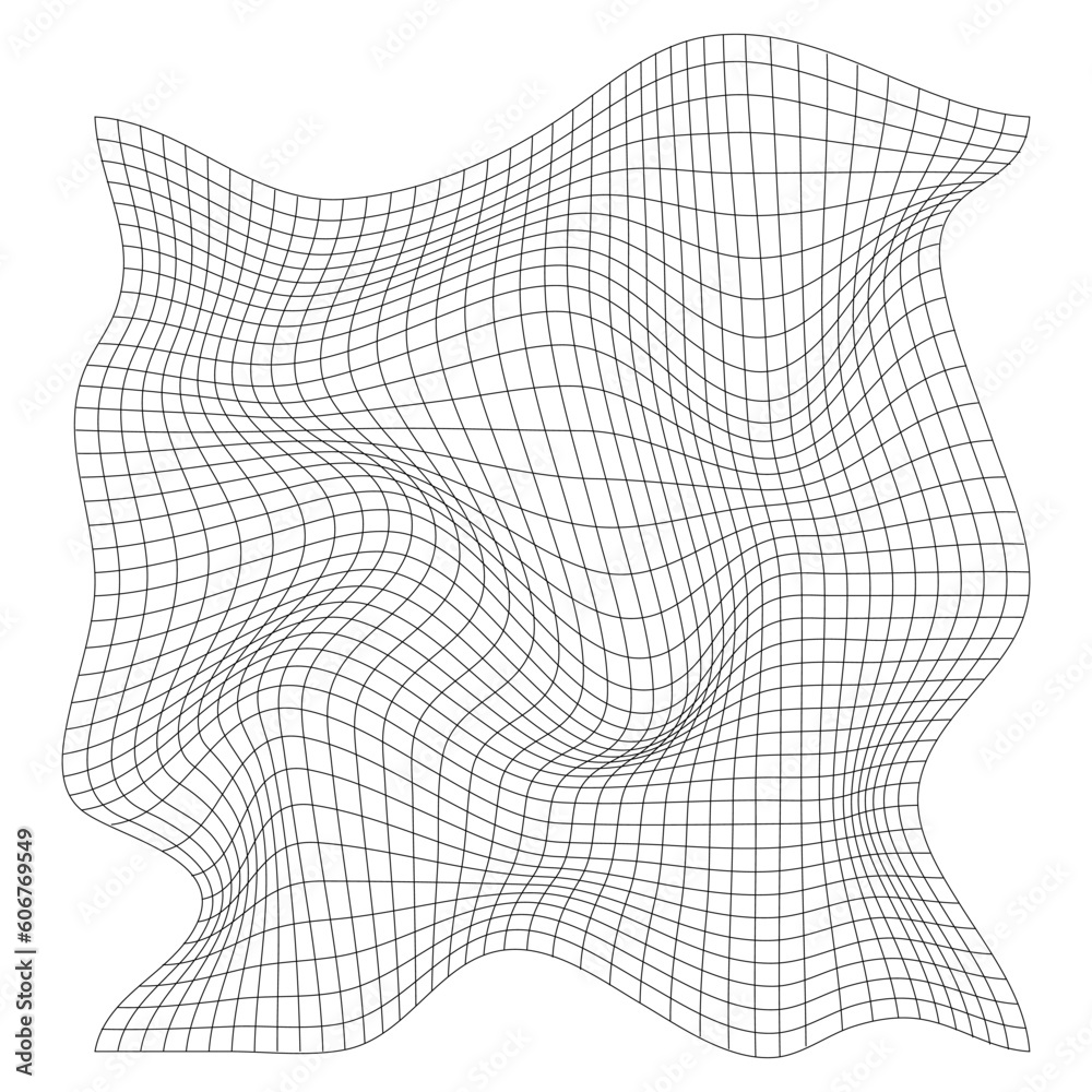 Poster distorted square grid. wireframe wave geometry grid. warped mesh texture. curved mesh elements. vect