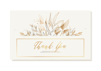 Fototapeta na wymiar Thank you card template in beige, gold tones with watercolor leaves. Vector