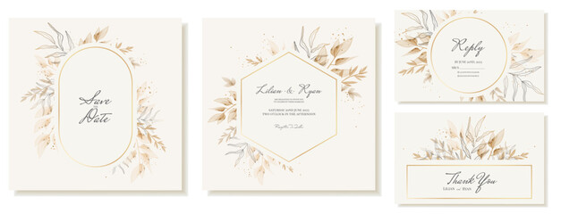 Square wedding invitation and thank you card templates in beige, gold tones with watercolor leaves. Vector