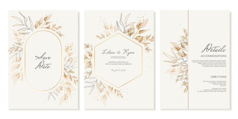 Wedding invitation templates and details in beige, gold tones with watercolor leaves. Vector