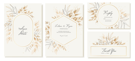 Wedding invitation and thank you card templates in beige, gold colors with watercolor leaves. Vector