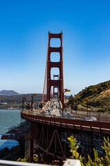 Vertical shot of traffic on Golden Gate Bridge in San Francisco