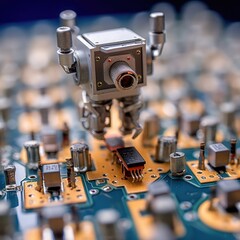 A microscopic robot repairs the insides of a computer. Generative AI